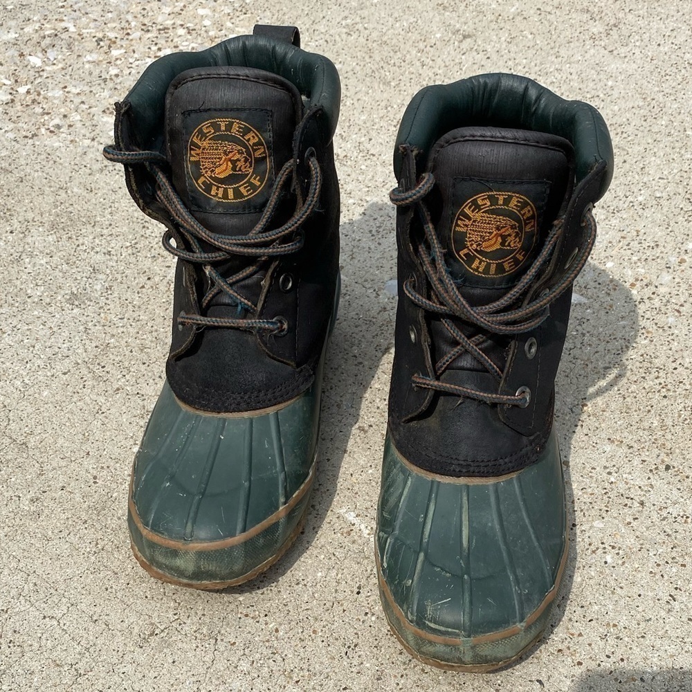 WESTERN CHIEF~STEEL SHANK~MENS~SIZE 9~GREEN~RUBBER BOOTS~WORK~RAIN~SNOW~USED~G22